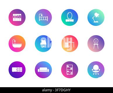 Un ensemble de douze icônes circulaires dégradées vibrantes présentant divers meubles de maison et articles de décoration intérieure disposés selon un motif de grille soignée Illustration de Vecteur