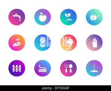 Une collection de douze icônes circulaires aux couleurs dégradées vives représentant divers outils de jardinage, plantes et fournitures disposés dans une grille propre et organisée Illustration de Vecteur