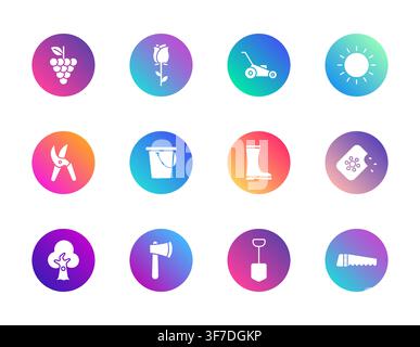 Une collection de douze icônes circulaires colorées présentant des silhouettes blanches d'outils de jardinage, de plantes et d'éléments naturels disposés en un motif de grille soignée Illustration de Vecteur