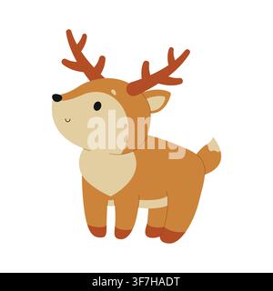 Illustration vectorielle d'un adorable bébé cerf. Faon debout dans la forêt avec bois, isolé sur fond blanc. Élément de clipart mignon de personnage d'animal des bois pour décoration de chambre d'enfant, autocollants. Illustration de Vecteur