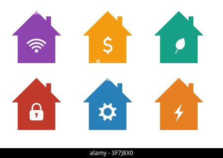 Architecture durable et collection de maisons intelligentes avec symboles Wi-Fi, d'engrenage et d'argent Illustration de Vecteur