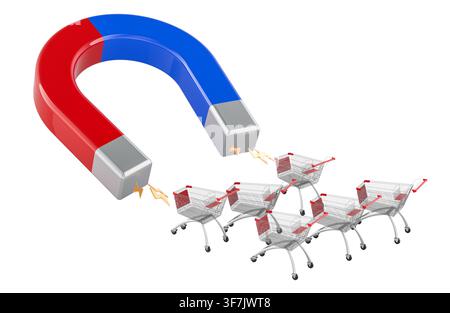 Aimant attirant des chariots de courses pour l'acquisition de clients et le marketing de détail. Rendu 3D isolé sur fond blanc Banque D'Images