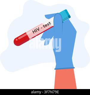 Main gantée tenant un tube de prélèvement sanguin pour le dépistage du VIH dans l'analyse clinique médicale et le flux de diagnostic des virus Illustration de Vecteur
