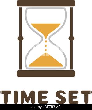 Un sablier vectoriel plat rempli de sable doré et le texte anglais Time Set. Illustration de Vecteur