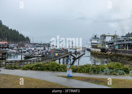 Horseshoe Bay, Canada - 27 juillet 2026 : Des bateaux de plaisance encombrent le port de Sewell à côté du terminal BC Ferries à Horseshoe Bay, où un navire amarré et un Banque D'Images