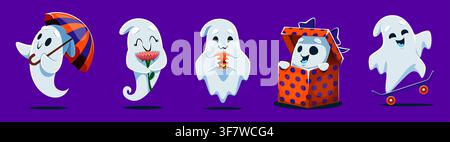 Fantômes kawaii d’Halloween et fantômes mignons de dessin animé ou personnages d’esprits amusants. Fantômes kawaii joyeux avec des visages comiques sur une planche à roulettes ou dans une boîte-cadeau effrayante, avec un parapluie et une fleur ou en train de manger un burger Illustration de Vecteur