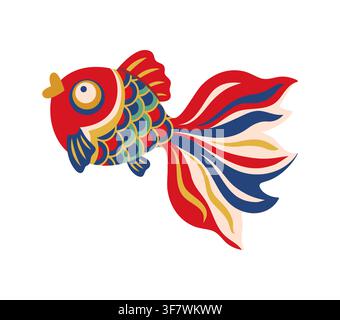 Motif de poisson koi japonais avec des écailles ornées et une queue fluide. Symbole Kingyo du festival estival matsuri du Japon, icône de fête. Poissons dorés traditionnels culturels festifs rouges, bleus et dorés pour la célébration Illustration de Vecteur