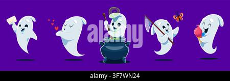 Mignons fantômes kawaii d'Halloween et fantômes effrayants de dessin animé ou personnages d'esprits effrayants. Fantômes kawaii avec des visages heureux, fantôme drôle avec un pot de potion magique et une glace avec des cœurs et une enveloppe à lettres Illustration de Vecteur