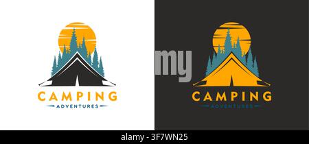 Icônes de tente de camping en montagne d'été de tente de camp dans la forêt pour l'aventure de randonnée. Badges ou écussons de camping avec tente de camp et soleil ou lune de nuit pour le site de camping scout dans le parc pour l'alpinisme en plein air Illustration de Vecteur