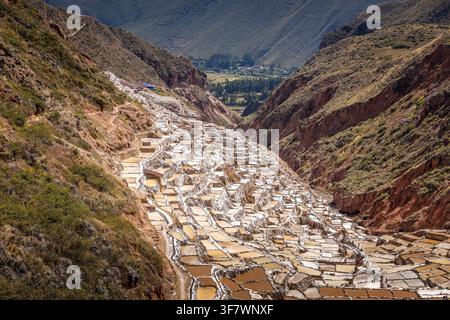 Étangs salants en terrasses traditionnels de Salineras de Maras dévalant le flanc des Andes avec des couleurs minérales vibrantes et un paysage de vallée dramatique Banque D'Images