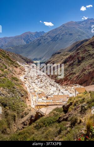 Étangs salants en terrasses traditionnels de Salineras de Maras dévalant le flanc des Andes avec des couleurs minérales vibrantes et un paysage de vallée dramatique Banque D'Images