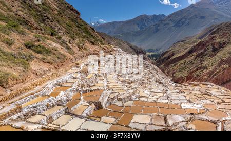 Étangs salants en terrasses traditionnels de Salineras de Maras dévalant le flanc des Andes avec des couleurs minérales vibrantes et un paysage de vallée dramatique Banque D'Images
