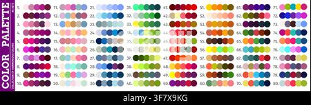 Palette de couleurs RGB de pastel et néon, équilibrée et chaude, nuances neutres et harmonie vibrante. Guide de chartes de palette de couleurs avec mélange de couleurs maîtres et combinaison de dégradés de correspondance spectrale Illustration de Vecteur