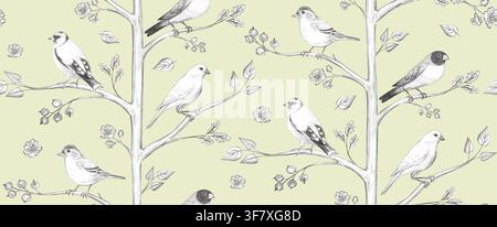 Croquis au crayon graphite détaillé dessiné à la main d'un motif sans couture avec des oiseaux réalistes sur des branches d'arbres. Illustration peinte à la main sur un fond pistache doux Banque D'Images