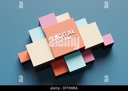Texte sur la transformation numérique sur un cube, entouré de blocs colorés, représentant la stratégie d'entreprise et l'innovation technologique Banque D'Images