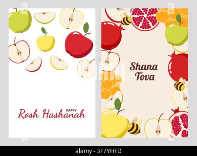 Deux cartes de vœux Rosh Hashanah avec des pommes, du miel, des grenades, des abeilles, une plaque de miel Banque D'Images