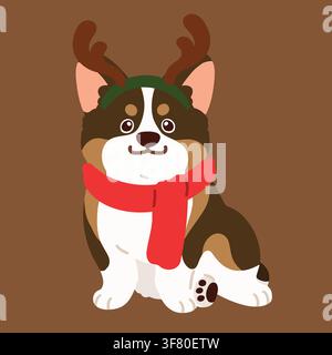 Corgi mignon de couleur sable, plat, vu de face, style Noël Illustration de Vecteur