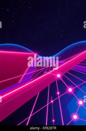 Un fond abstrait vibrant et futuriste avec des lumières néon rose et violet vives formant des motifs complexes sur un ciel étoilé cosmique. Banque D'Images