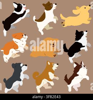 Ensemble d'illustrations de chiens colorés plats sautant et jouant Illustration de Vecteur