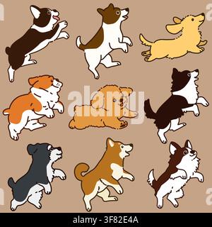 Ensemble d'illustrations de chiens sautant et courant en contours Illustration de Vecteur