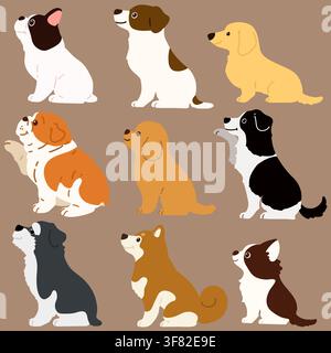 Ensemble de chiens mignons de couleur plate assis en illustrations de vue latérale Illustration de Vecteur