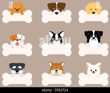 Ensemble d'illustrations plates de visages de chiens colorés avec des pattes tenant un os Illustration de Vecteur