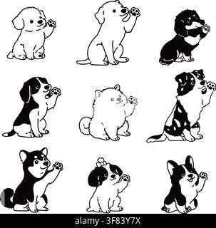 Ensemble de chiens mignons et simples assis en train de faire signe avec seulement des contours Illustration de Vecteur