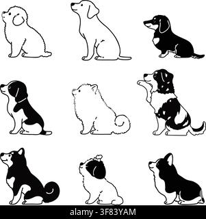 Ensemble de chiens mignons et simples assis de face avec seulement des contours Illustration de Vecteur