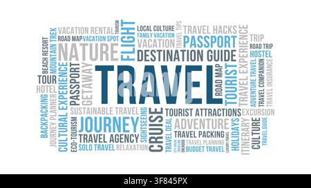 Conception de nuage de mots sur le voyage, guide de destinations d'aventure de voyage touristique et concept de vacances Illustration de Vecteur