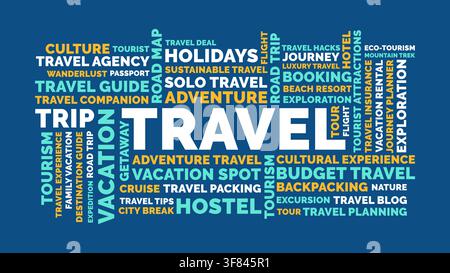Conception de nuage de mots sur le voyage, nuage de mots sur le tourisme d'aventure et les vacances avec le concept de culture et de destination de voyage Illustration de Vecteur