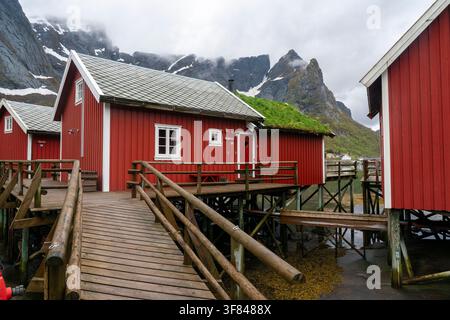 Explorez Reine avec ses maisons rouges traditionnelles et ses montagnes abruptes en arrière-plan par une journée nuageuse dans l'archipel des Lofoten en Norvège Banque D'Images