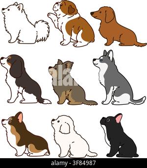 Ensemble de chiens mignons et simples dessinés en vue de côté Illustration de Vecteur