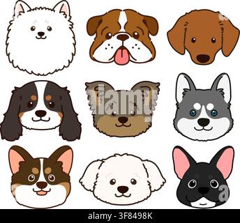 Ensemble de têtes de chiens mignonnes et simples contournées Illustration de Vecteur