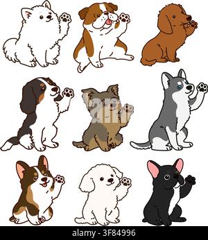 Ensemble de chiens mignons et simples dessinés en contour, assis et agitant la main Illustration de Vecteur