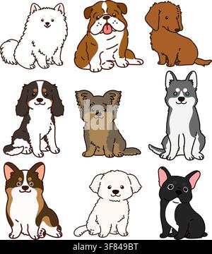 Ensemble de chiens mignons et simples dessinés en vue avant Illustration de Vecteur