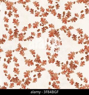 Motif sans couture en aquarelle avec des feuilles de chêne d'automne et des glands sur un fond de papier texturé. Design automnal peint à la main dans des couleurs terreuses chaudes pour tissu Banque D'Images