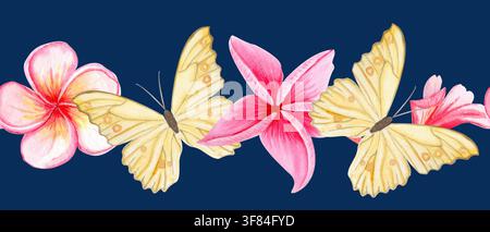Papillons jaunes, fleurs de plumeria tropicales roses, bordure sans couture aquarellée sur fond bleu foncé. Peint à la main, parfait pour les invitations d'été, exotique Banque D'Images