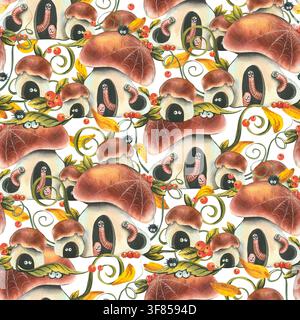 Motif aquarellé d'une maison champignon mignonne dessinée à la main avec ver et araignée. Thème de forêt automnale avec baie et feuillage pour textile pour enfants, emballage Banque D'Images