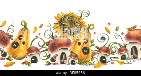 Illustration de bordure aquarellée avec des personnages mignons de récolte. Maisons en carton de citrouille, champignon et tournesol dans le style de la forêt d'automne. Décoratif Banque D'Images