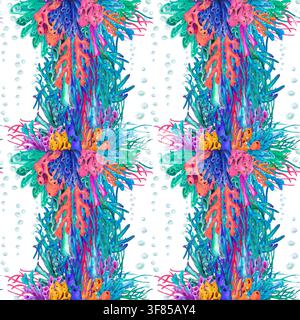 Motif sans couture aquarellé avec des arrangements verticaux de récifs coralliens tropicaux et des plantes marines colorées. Design océanique peint à la main pour textiles Banque D'Images