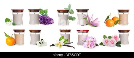Bougies aux parfums variés sur fond blanc, set Banque D'Images