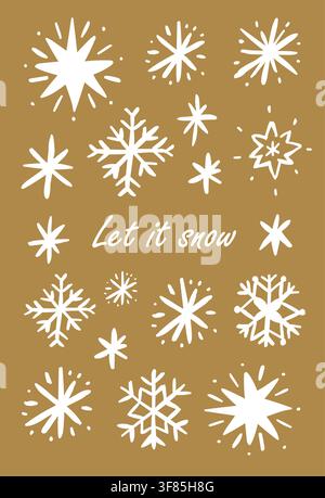 Affiche de Noël « Let It Snow » avec des flocons de neige et des étoiles dessinés à la main sur un fond doré chaleureux. Illustration minimaliste scandinave pour cartes de vœux, art mural, décoration saisonnière et impressions festives. Fichier vectoriel dessiné à la main. Illustration de Vecteur