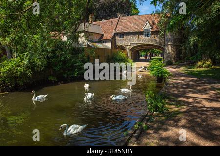 Vue pittoresque de Pull's Ferry – la porte d'eau historique en silex du XVe siècle sur la rive de la rivière Wensum à Norwich, Norfolk, Royaume-Uni. Banque D'Images