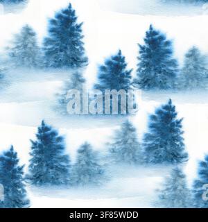 Arrière-plan de forêt d'hiver. Motif sans couture de sapins. Illustration aquarellée d'un sapin de Noël. Papier peint de sapins enneigés. Paysage enneigé avec Banque D'Images