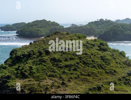 Recif corallien exposé et bassins rocheux naturels à marée basse à Pantai Ngalian, un paysage côtier pittoresque à Pacitan, Java oriental, Indonésie. Banque D'Images