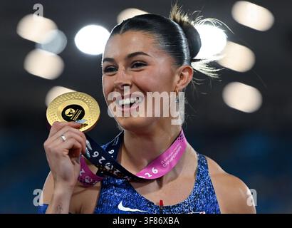 Birmingham, Royaume-Uni. 10 août 2026. Athlétisme : Championnats d'Europe, Finale du 100 mètres féminin, Amy Hunt (Grande-Bretagne) célèbre à la ligne d'arrivée. Credit : Sven Hoppe/dpa/Alamy Live News Banque D'Images