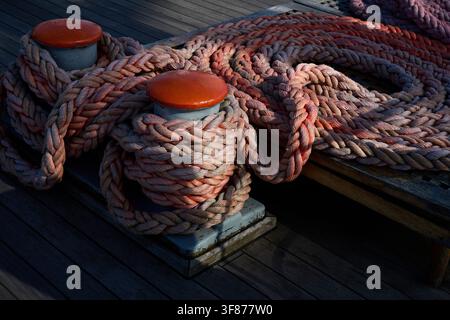 Câbles d'amarrage épais enroulés fixés autour de bittes métalliques sur le pont en bois d'un navire, Gdynia, Poméranie, Pologne, Europe Banque D'Images