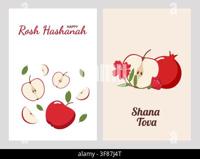 Deux cartes de vœux Rosh Hashanah avec des pommes, des grenades, des rayons de miel, des abeilles et des fleurs, arborant l'inscription Happy Rosh Hashanah Banque D'Images