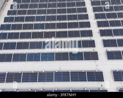 Vue aérienne rapprochée d'un grand tableau solaire disposé en rangées diagonales sur un toit plat commercial, infrastructure d'énergie renouvelable et photovoltaïque Banque D'Images