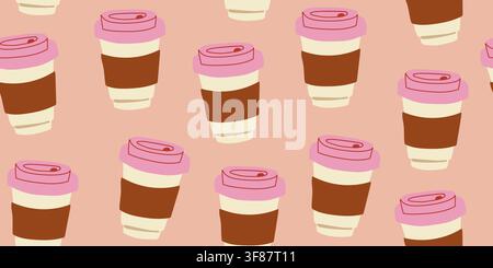 Motif café sans couture avec de mignons gobelets à emporter avec des couvercles roses sur un fond pêche doux. Design tendance dessiné à la main inspiré des moments de café cosy et du style de vie féminin moderne pour tissu, papier peint et papeterie. Fichier vectoriel dessiné à la main Illustration de Vecteur